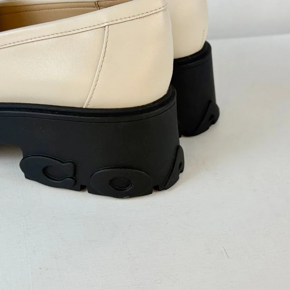 Women's 8.5 -COACH Ruthie Platform Loafer Chalk Leather Slip on with Logo Accent